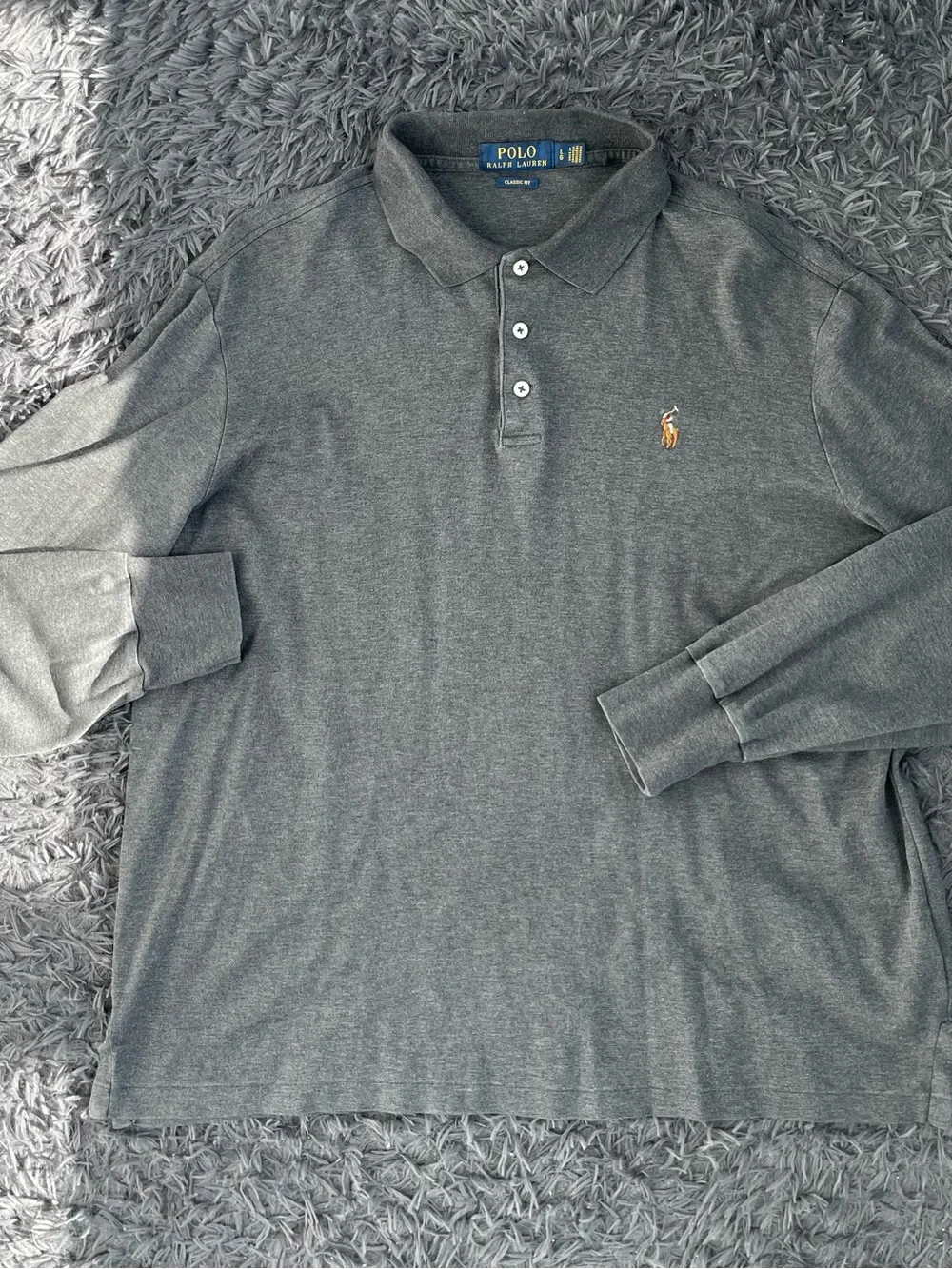 Men Size Large Polo Ralph Lauren Polo Long Sleeve Shirt Collar Classic Fit Gray